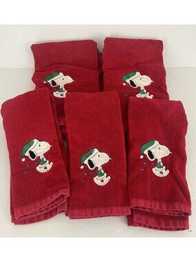 Vintage Saturday Knight Snoopy Peanuts Christmas Bath & Hand Towels Set of 5